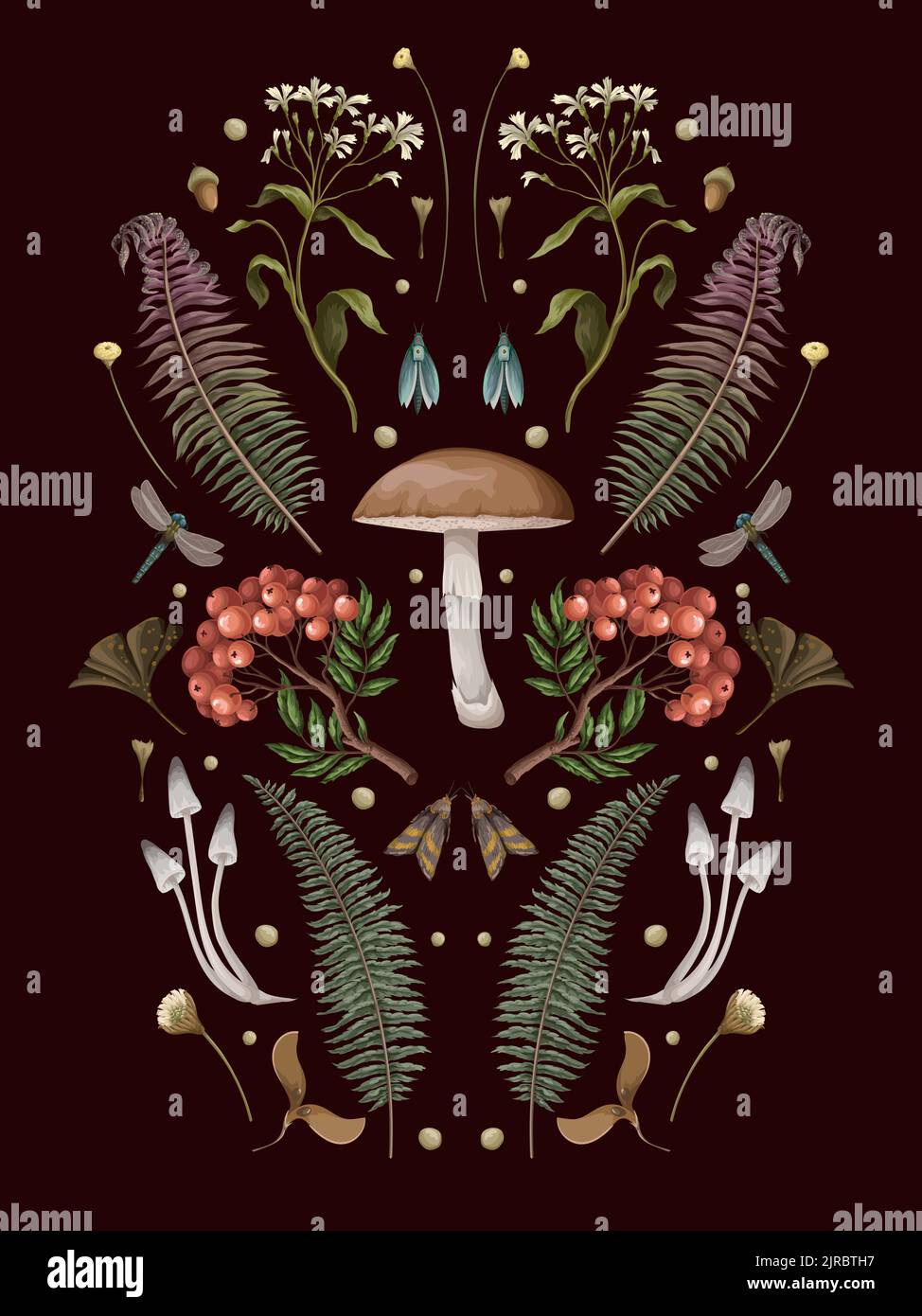 Herbstkomposition mit Pilzen, Beeren und Pflanzen. Botanischer Vektor. Stock Vektor