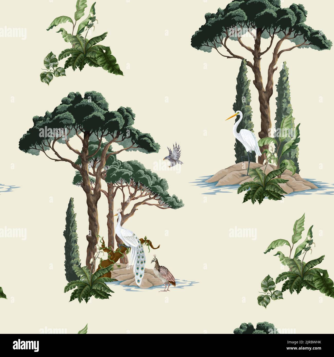 Nahtloses Muster mit Bäumen, Büschen und Vögeln. Vektor Stock Vektor