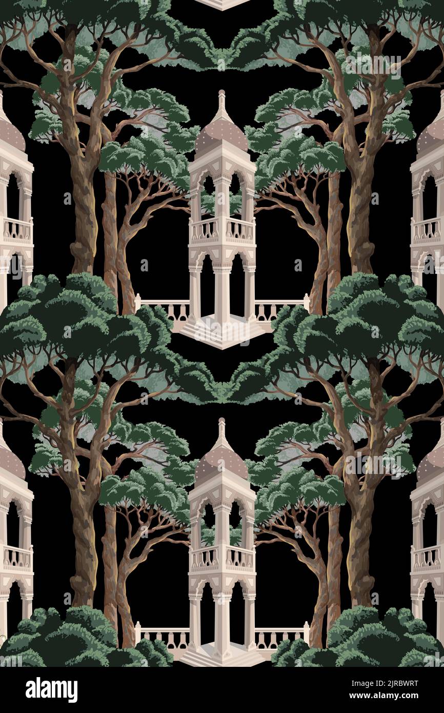 Nahtloses Muster mit Bäumen und Nische. Innendruck. Stock Vektor