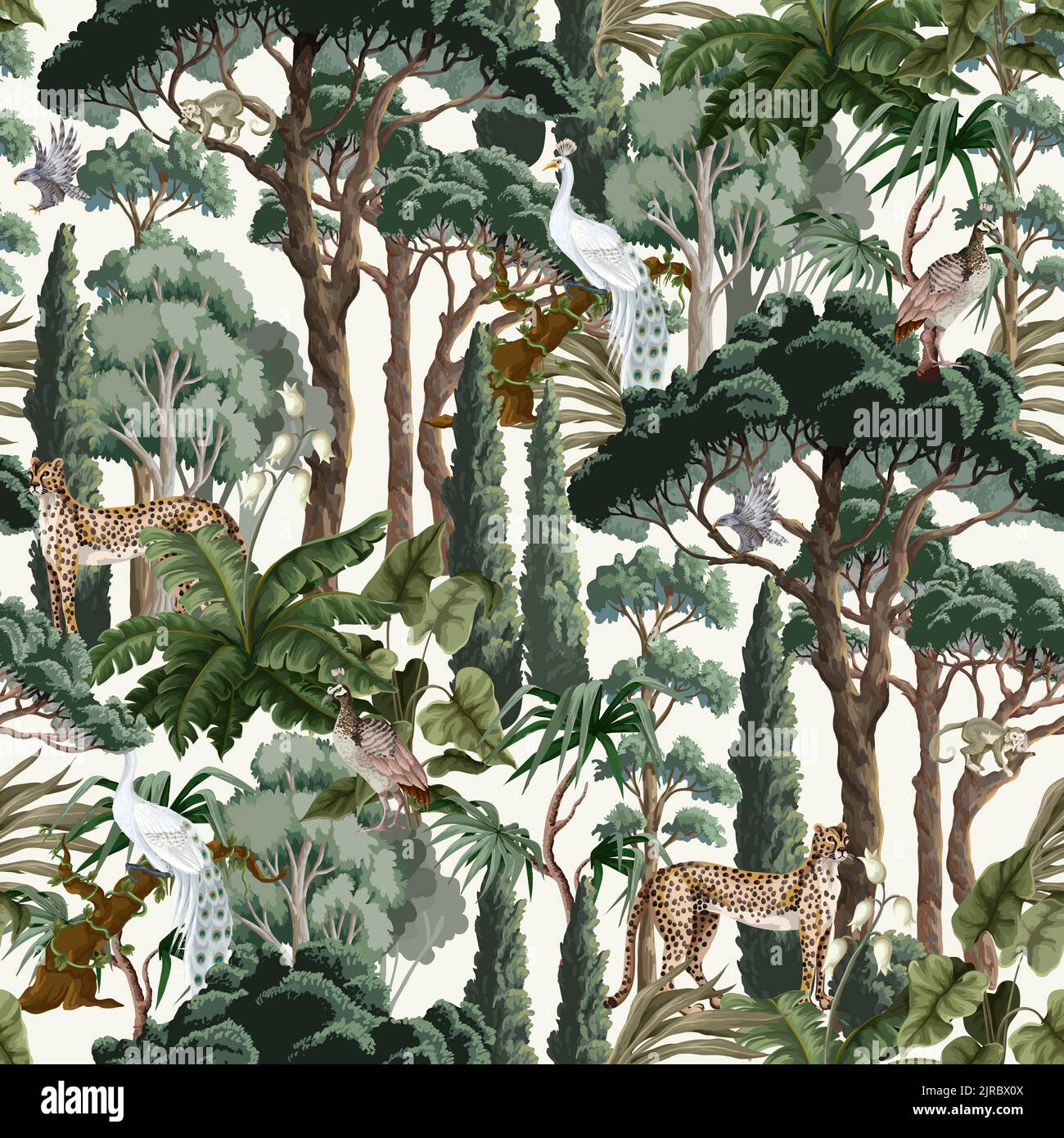 Nahtloses Muster mit Bäumen, Sträuchern und Tieren. Vektor Stock Vektor