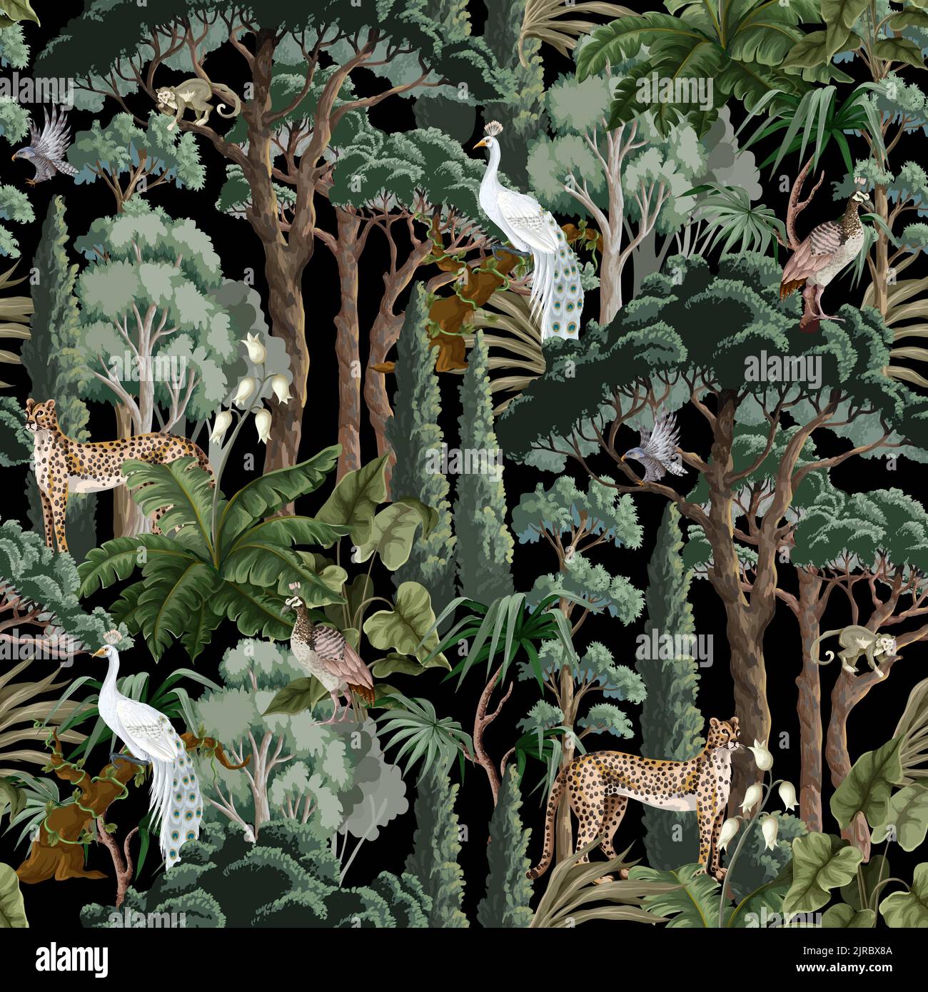 Nahtloses Muster mit Bäumen, Sträuchern und Tieren. Vektor Stock Vektor