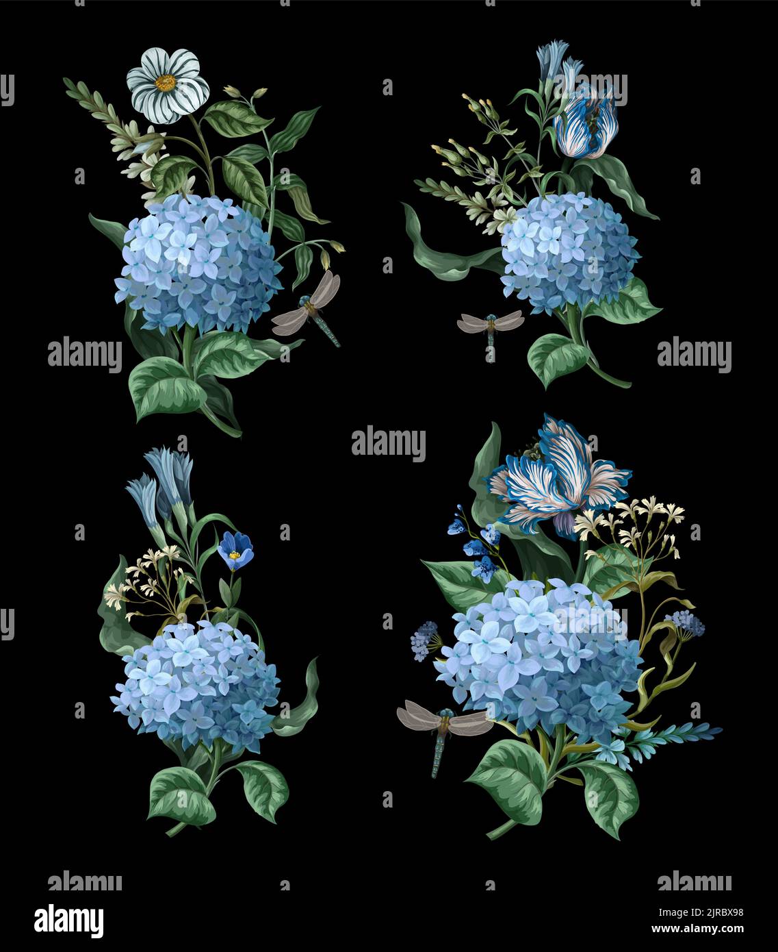 Sträuße mit blauen Hortensien und anderen Blumen isoliert. Vektor. Stock Vektor