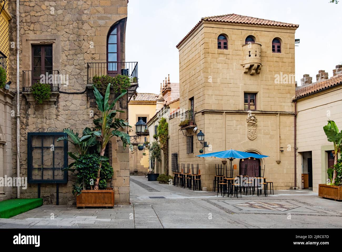 Poble Espanyol mit traditionellen spanischen Architekturen in Barcelona, Spanien. Niemand, traditionelles spanisches Dorf Stockfoto