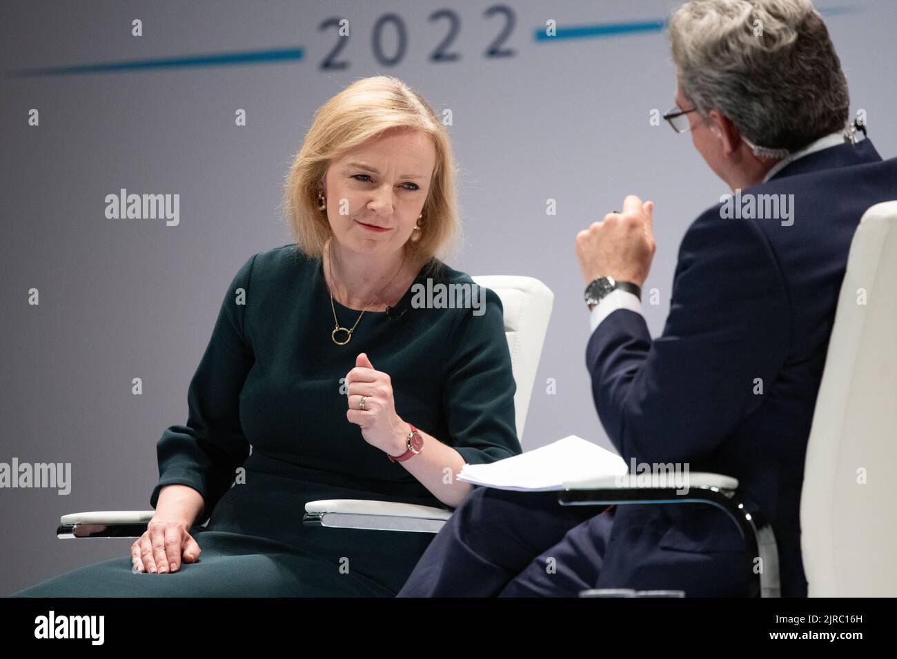 Liz Truss 2022 - Liz Truss bei den konservativen Führungswahlen in Perth, Schottland, Großbritannien - 16. August 2022 Stockfoto