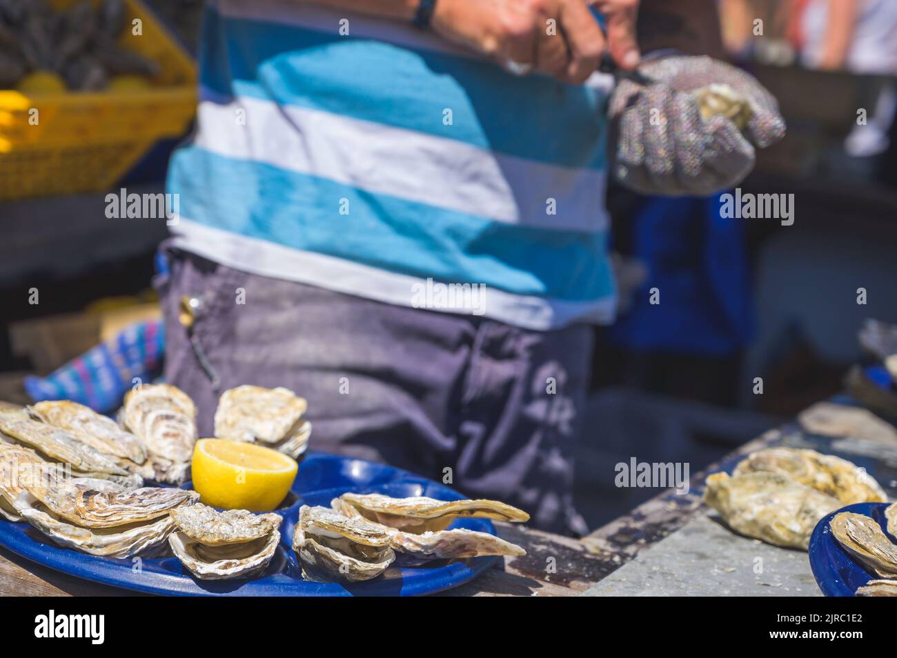 Frische Austern aus der Nähe auf blauem Teller, serviert mit Austern, Zitrone und Eis mit einem Mann, der eine Auster schüttelt. Gesunde Meeresfrüchte. Stockfoto