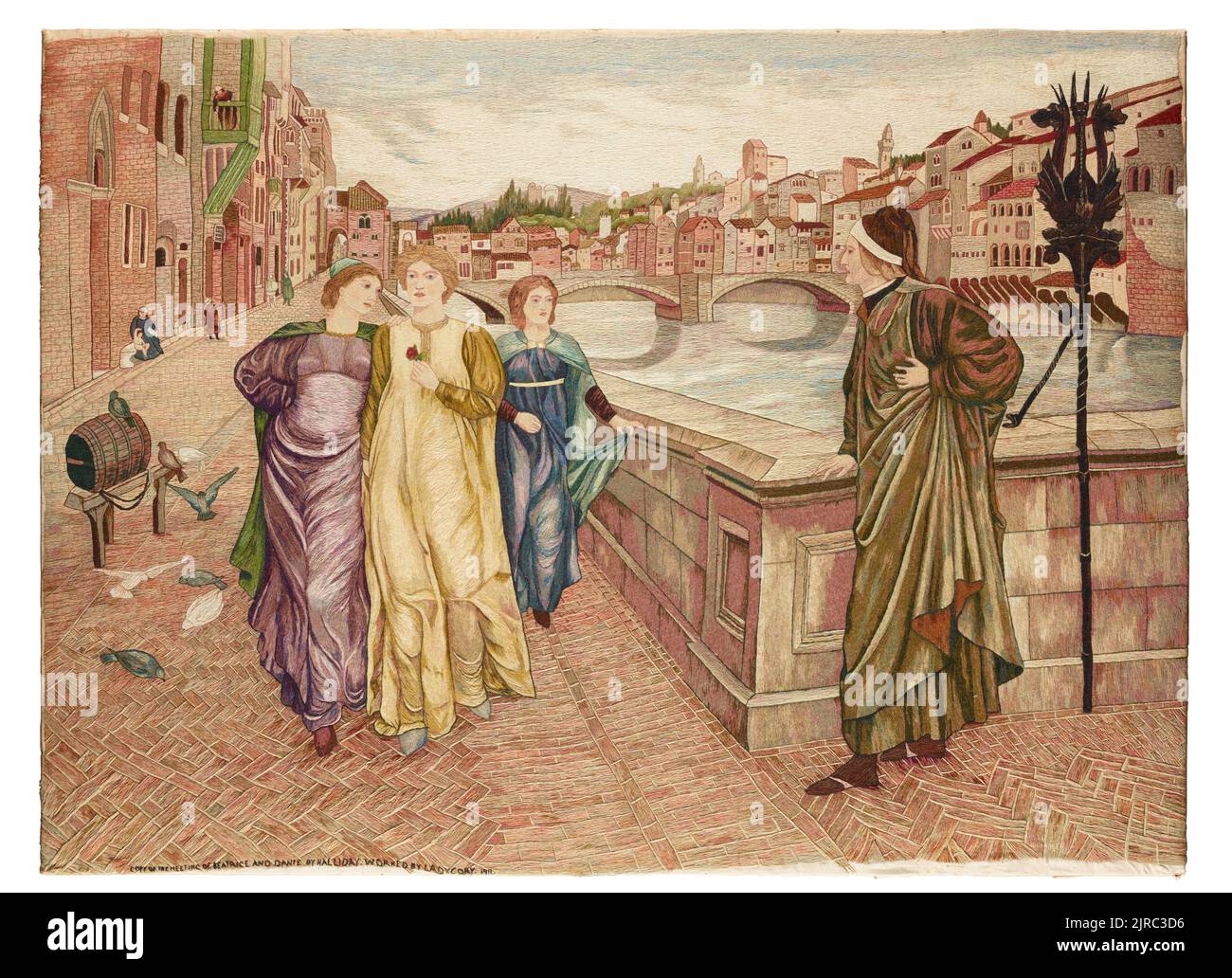 Stickerei, 'The Meeting of Beatrice and Dante', 1911, London, von Lady Jane Cory. Vermächtnis von Lady Jane Cory, 1948. Stockfoto