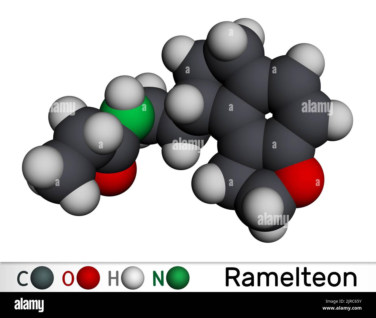 Ramelteon-Molekül. Es ist ein Melatonin-Rezeptoragonist, der zur Behandlung von Schlaflosigkeit verwendet wird. Molekularmodell. 3D Rendern. Abbildung Stockfoto