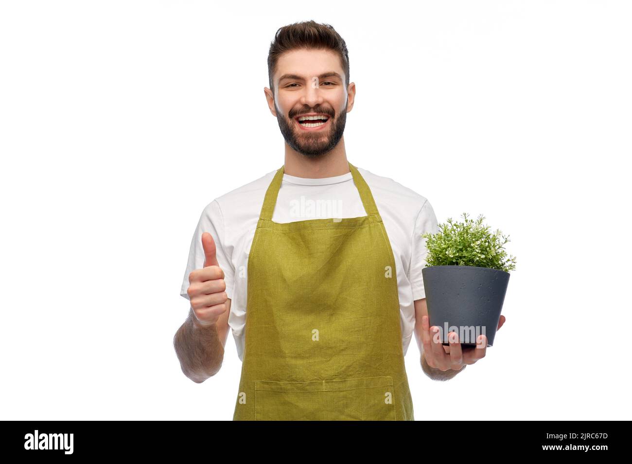 Glücklicher männlicher Gärtner mit Blumen, die Daumen nach oben zeigen