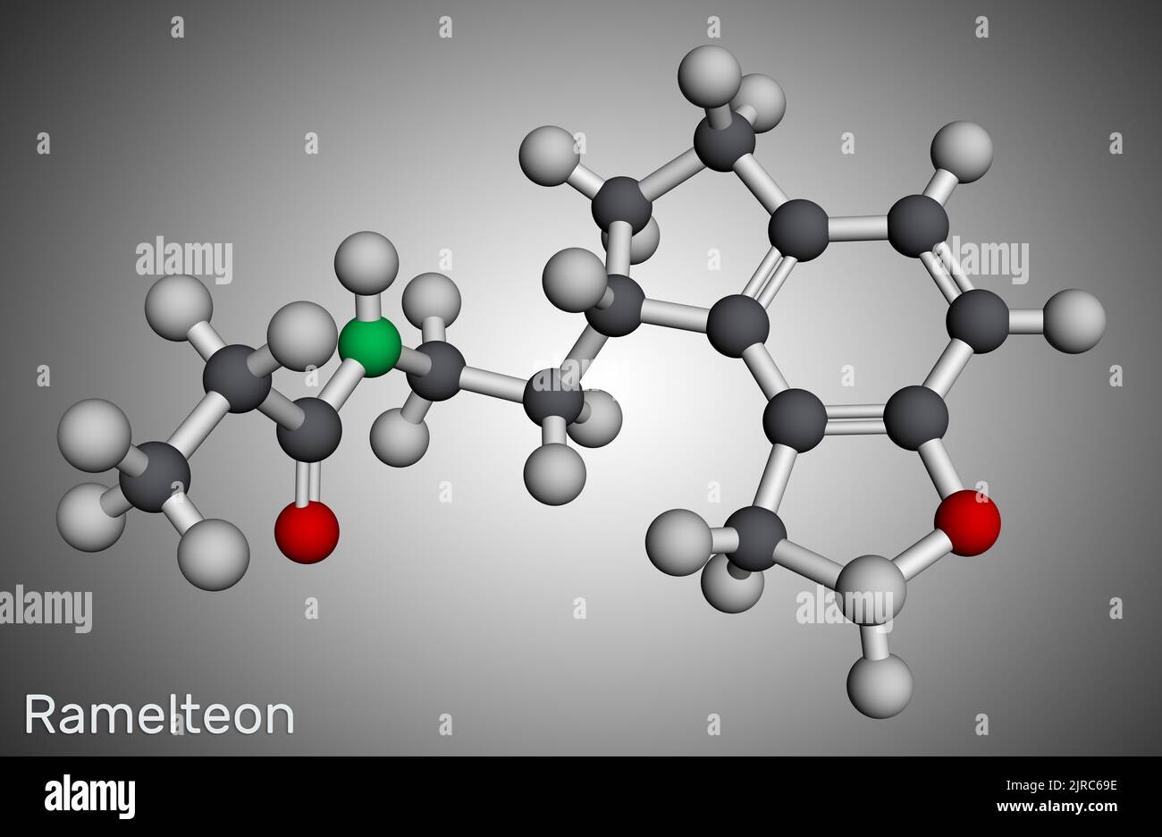 Ramelteon-Molekül. Es ist ein Melatonin-Rezeptoragonist, der zur Behandlung von Schlaflosigkeit verwendet wird. Molekularmodell. 3D Rendern. Abbildung Stockfoto