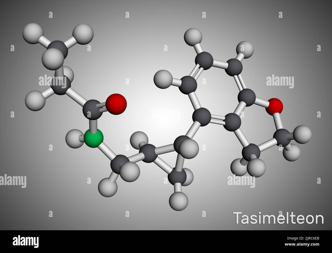 Tasimelteon-Molekül. Es ist Schlafstörungen Medikamente. Molekularmodell. 3D Rendern. Abbildung Stockfoto