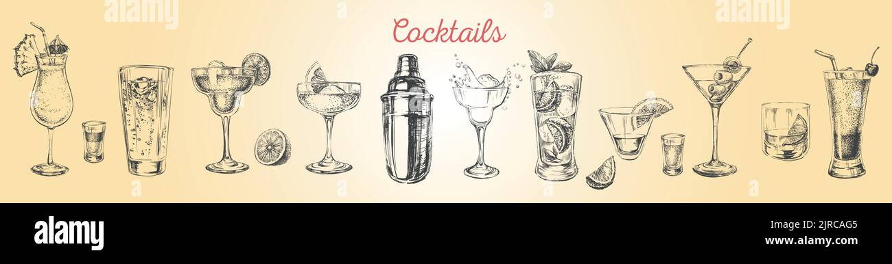 Handgezeichnete Skizze für Cocktails und Alkoholgetränke. Stock Vektor