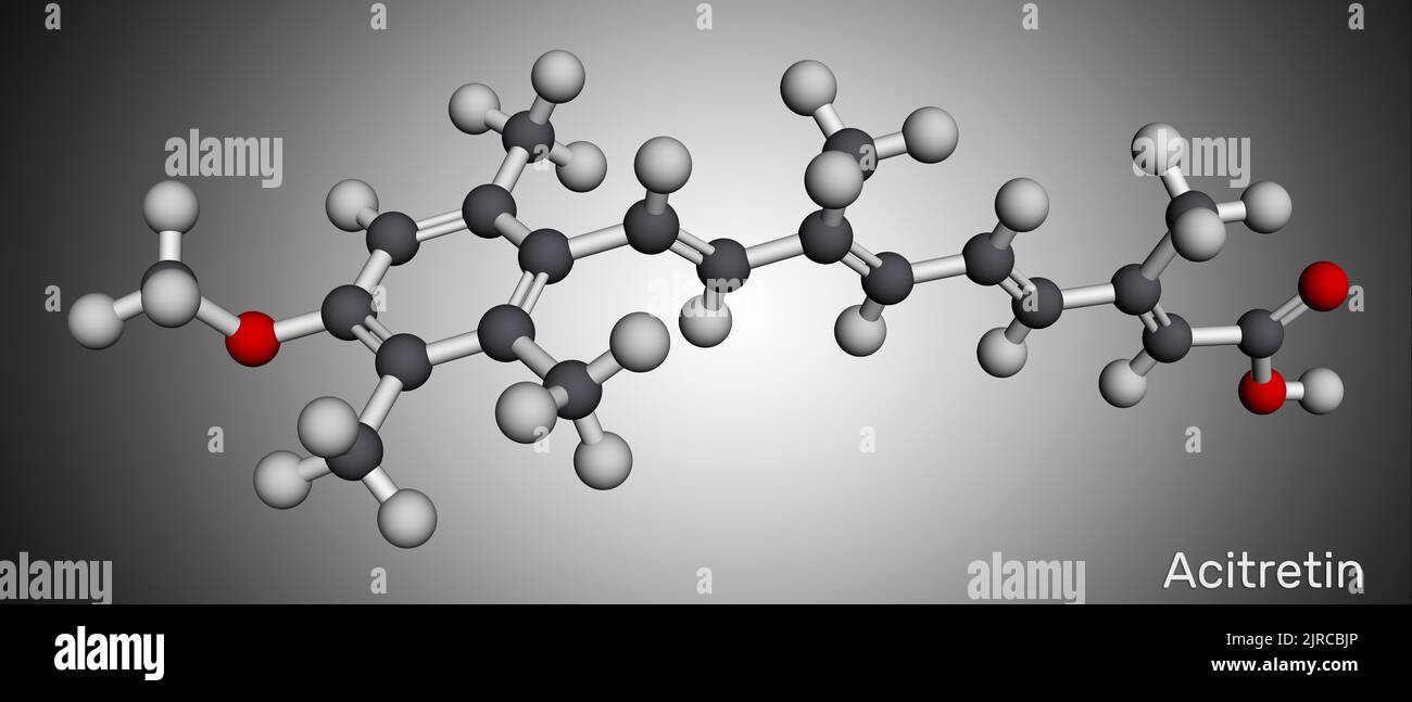 Acitretin-Molekül. Es ist ein Retinoid, das bei der Behandlung von Psoriasis verwendet wird. Molekularmodell. 3D Rendern. Abbildung Stockfoto