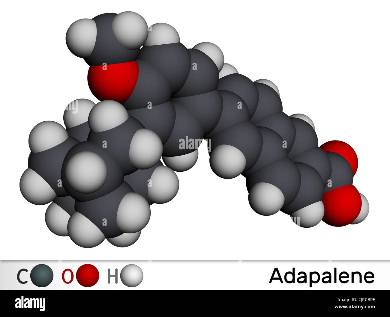 Adapalen-Molekül. Es ist ein antikomedogenes, komemolytisches, entzündungshemmendes Retinoid der dritten Generation, das zur Behandlung von Akne vulgaris verwendet wird. Molekularmodell. 3D Stockfoto