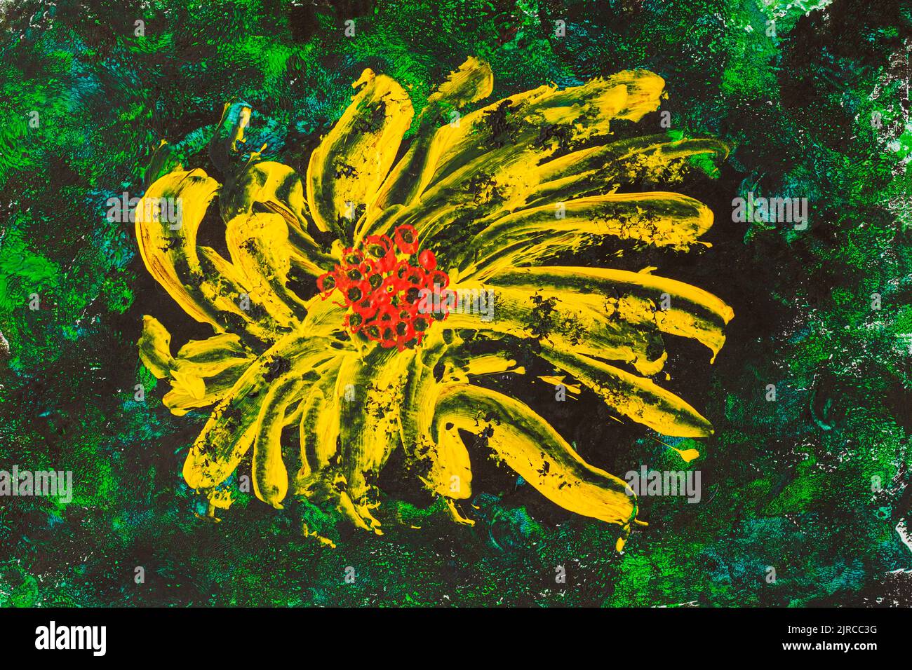 Nahaufnahme von hellem Gelb auf dunkelgrünem Hintergrund. Abstrakter Maleffekt, botanische Kunst Stockfoto