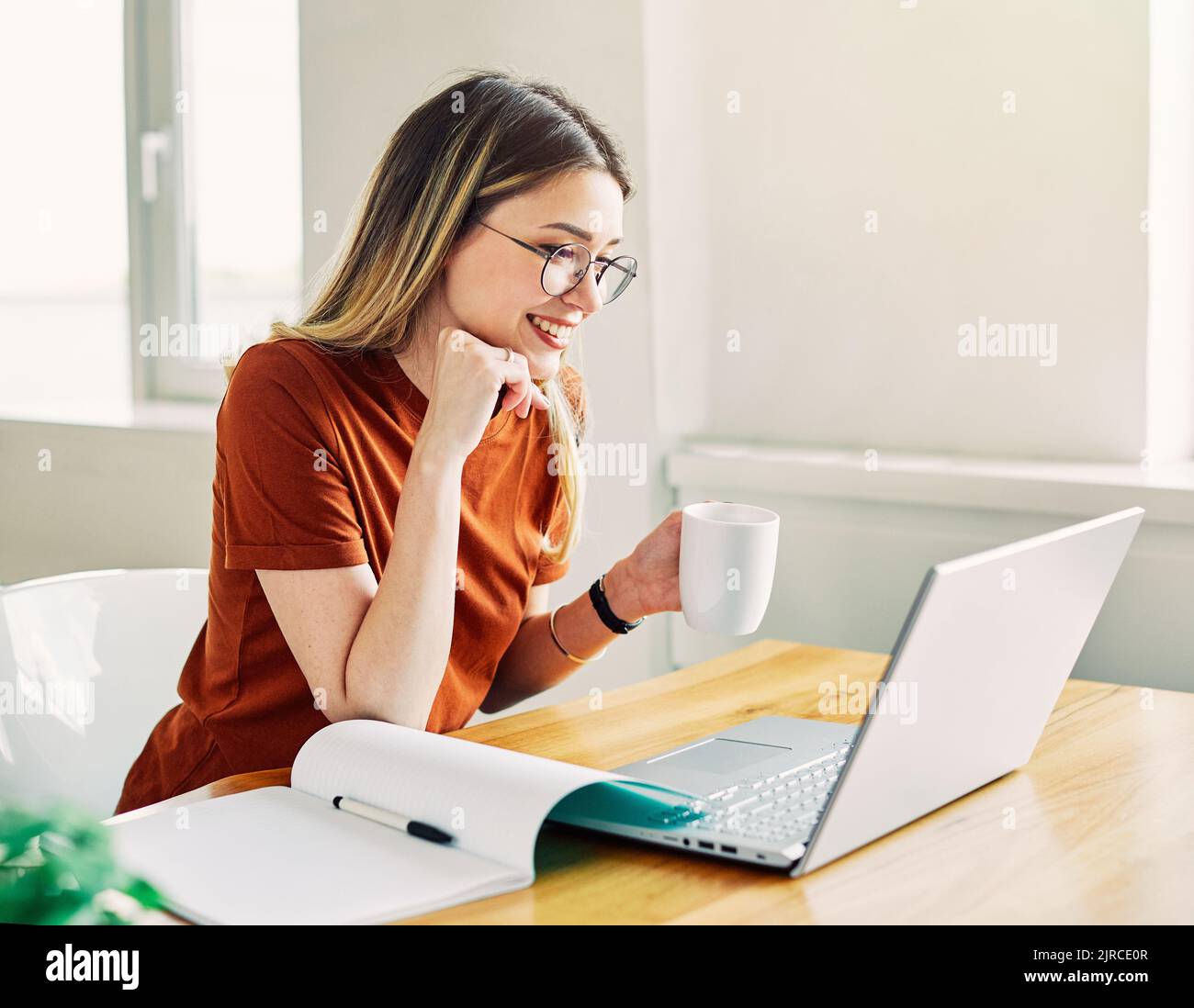 Laptop Computer Mädchen Frau Heim Technologie weiblich Internet jung Büro Business Lifestyle Student glücklich Kommunikation Stockfoto