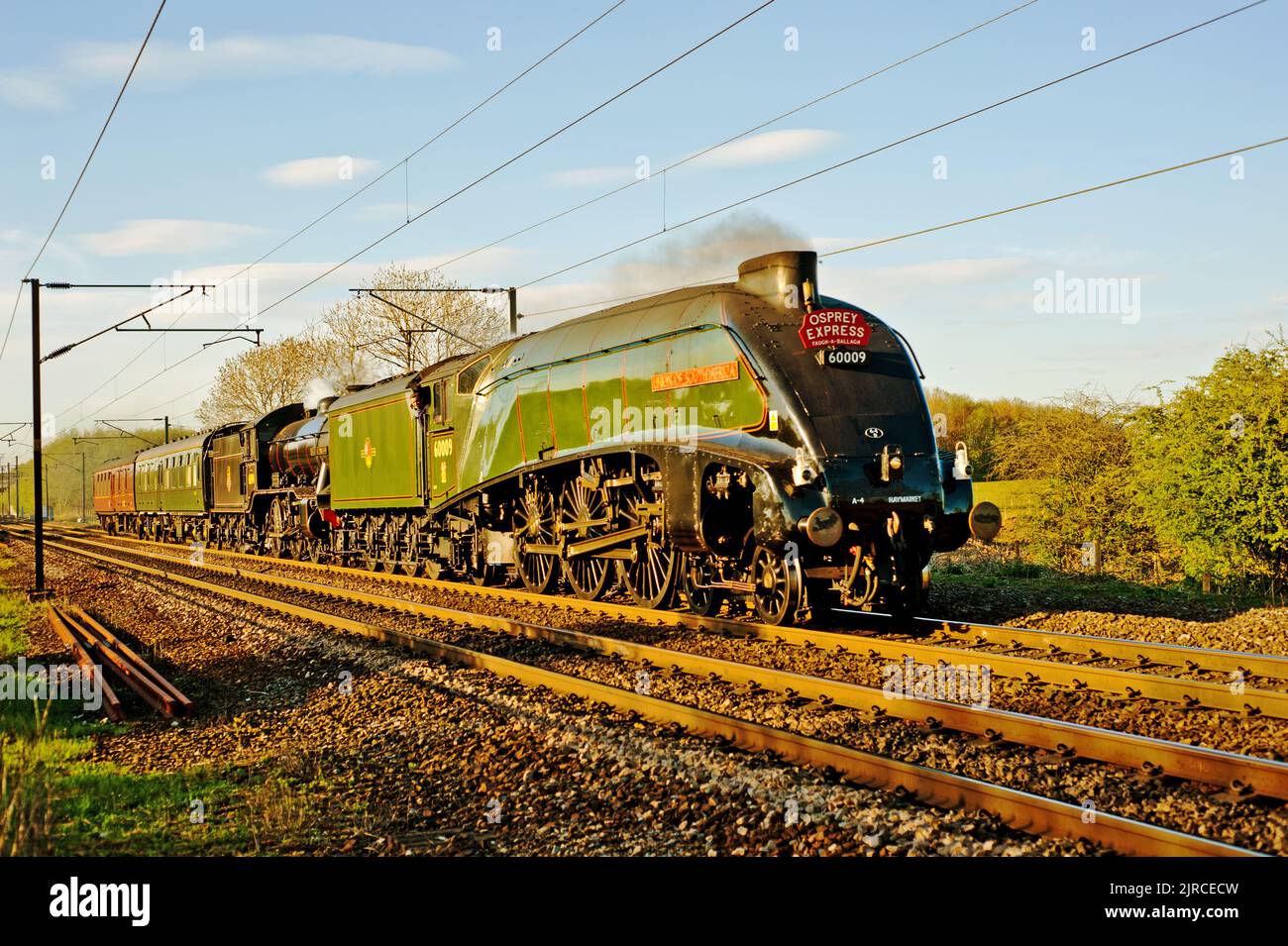 A4 No 60009 Union of South Africa und K4 Class No 61994 The Great Marquess auf dem Weg südlich von Darlington, England Stockfoto