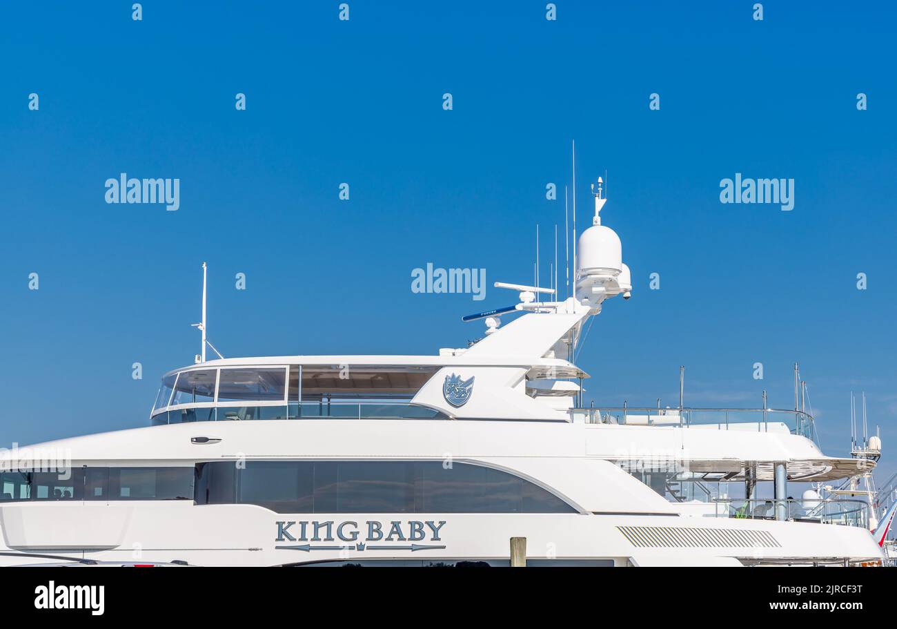 Top-Teil der Motoryacht King Baby in Sag Harbor, NY Stockfoto
