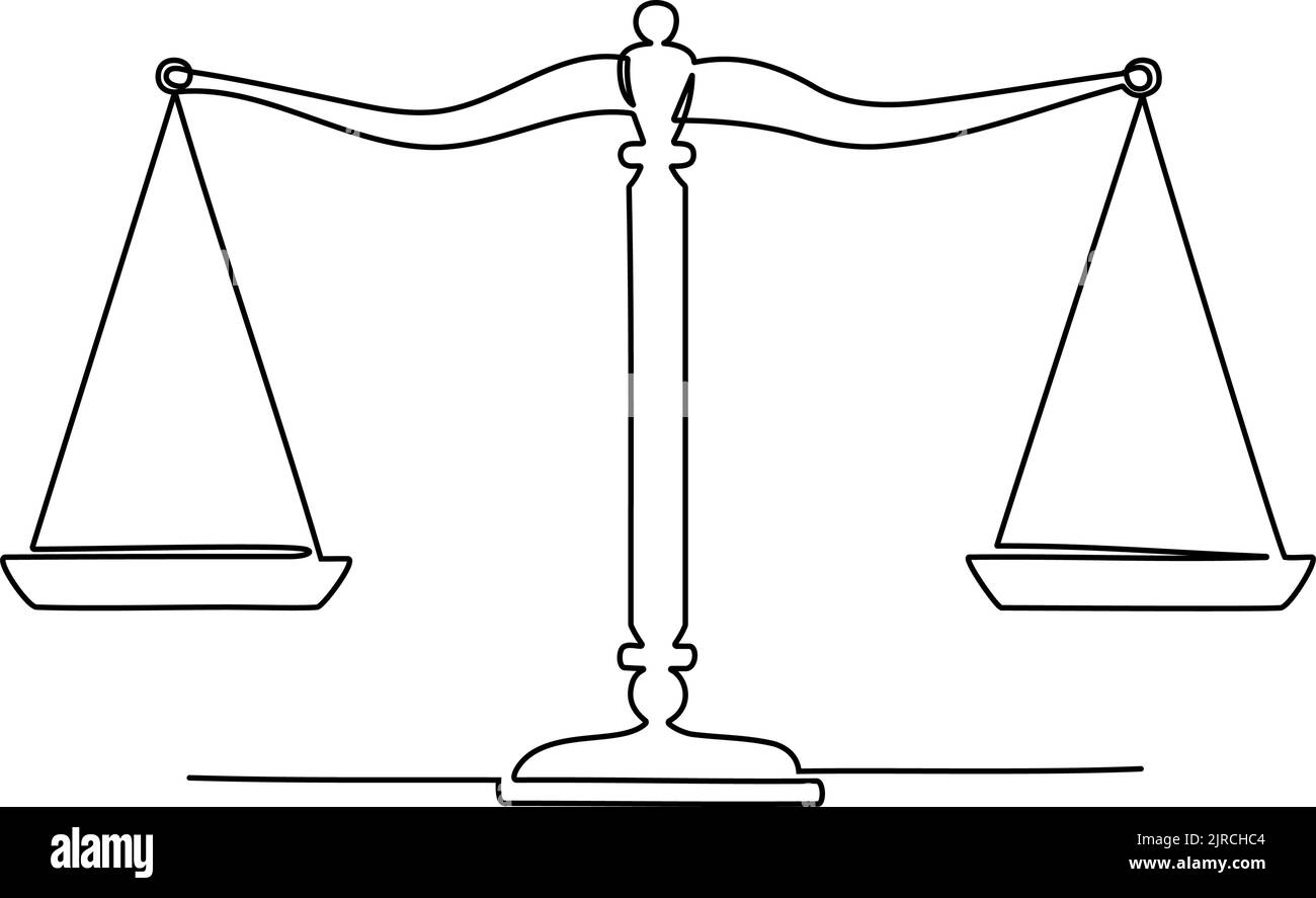 Kontinuierliche Linienzeichnung der Gerechtigkeitsskala. Gesetz Balance Symbol. Vektorgrafik Stock Vektor