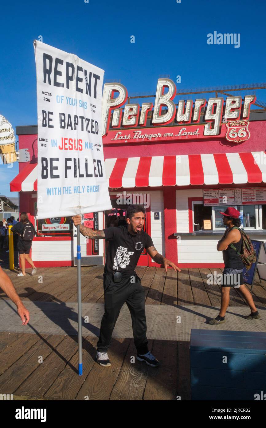 Predigen auf dem Pier. Santa Monica, Los Angeles, Kalifornien, Vereinigte Staaten von Amerika Stockfoto