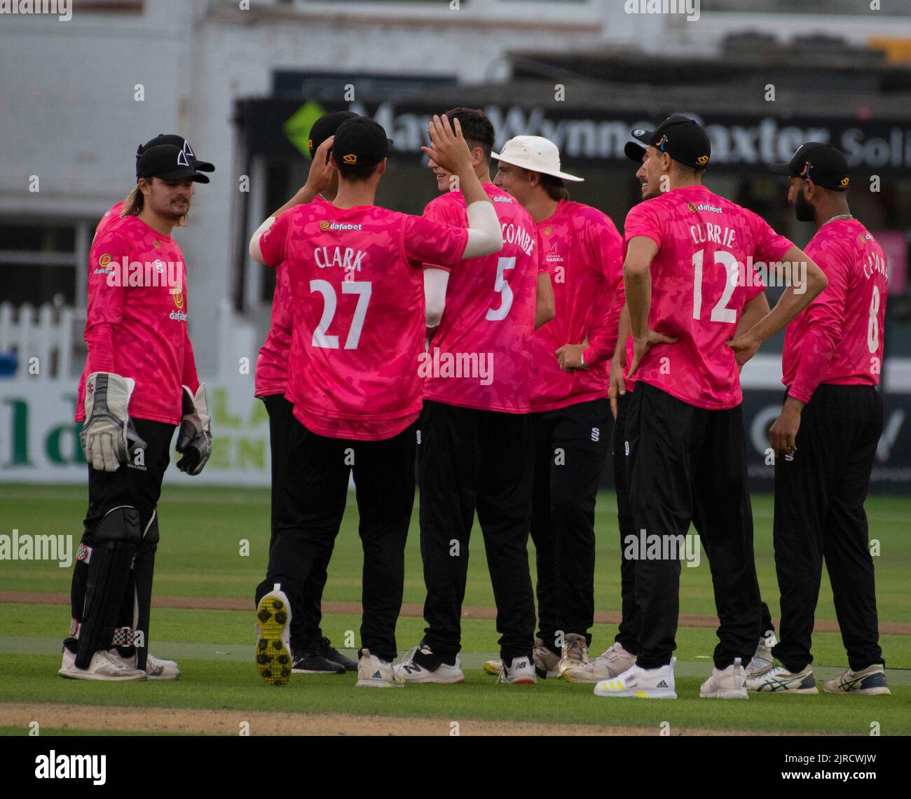 Das Sussex-Team feiert das Dickicht eines Middlesex-Batters in Hove. Stockfoto