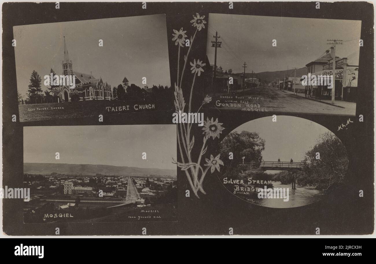 Ansichten von Mosgiel, Taieri Church und Silverstream Bridge, 1904-1915, Neuseeland, von Muir & Moodie. Stockfoto