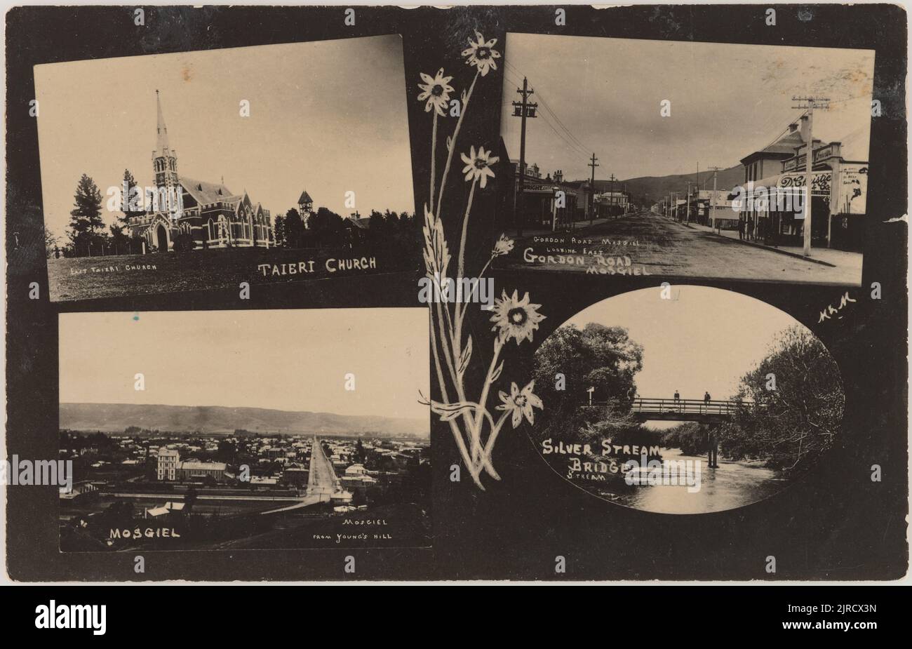 Ansichten von Mosgiel, Taieri Church und Silverstream Bridge, 1904-1912, Neuseeland, von Muir & Moodie. Stockfoto