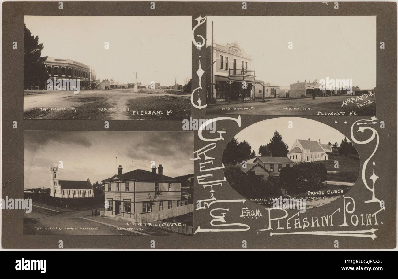 Grüße von Pleasant Point, 1913, Neuseeland, von Muir & Moodie. Stockfoto