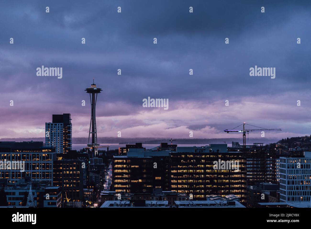 Skyline von Seattle vom Capitol Hill während der violetten, blauen Dämmerung Stockfoto