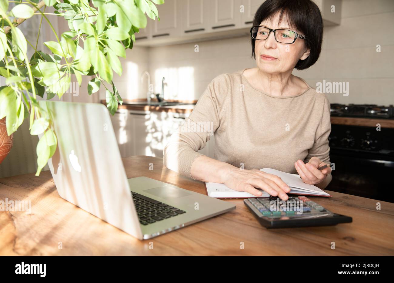 Eine schöne, hochentwickelte ältere Frau, die über Videokommunikation spricht, zu Hause mit einem Laptop arbeitet und Berechnungen mit einem Rechner durchführt. Stockfoto