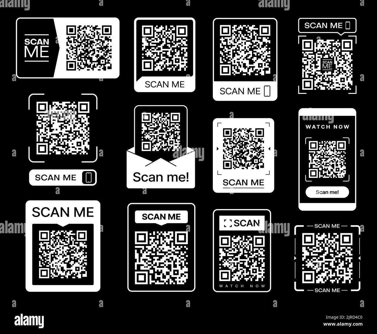 Scannen Sie mich. QR-Code-Sticker-Symbole. Telefon Barcode-Scanner, Smartphone digitale Zahlung Vektor-Tags, mobile Anwendung Quick ID oder Identitätsausweis, Web-Link QR-Code Aufkleber Stock Vektor
