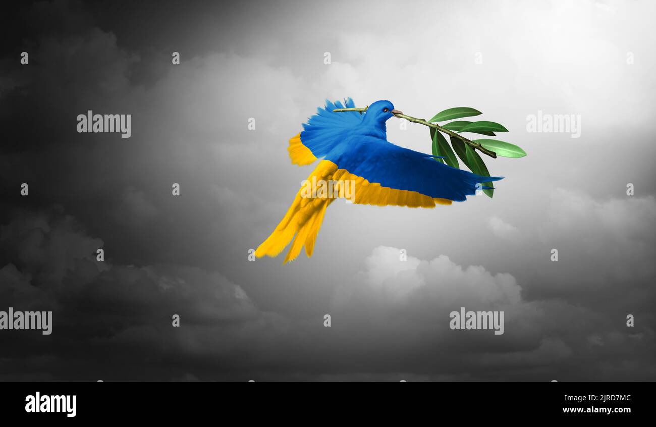 Ukraine Frieden und ukrainische Einheit als europäische Partnerschaft mit einer Taube in den Farben der Flagge mit einem Olivenzweig, der das Gefühl ausdrückt. Stockfoto