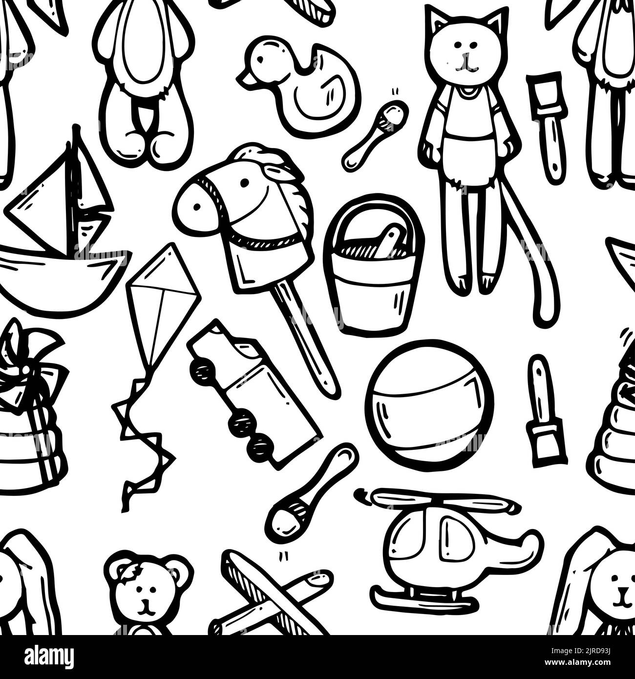 Spielzeug für Kinder unterschiedlichen Alters. Nahtloses Muster.Umriss handgezeichnete Skizze. Zeichnen mit Tinte. Isoliert auf weißem Hintergrund. Vektor. Stock Vektor