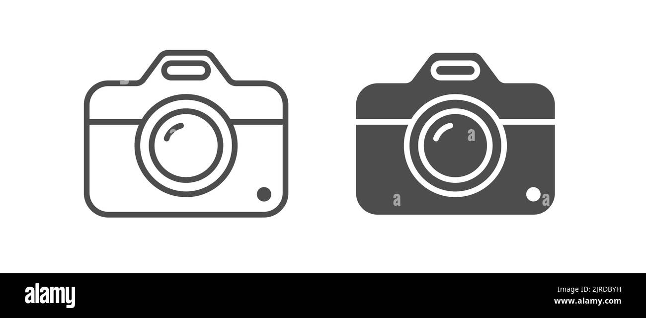 Kamera. Leere lineare Kontur und Silhouette. Abbildung einer Vorlage für ein Logo, einen Aufkleber, eine Marke oder ein Etikett. Symbol für Websites und Anwendungen. Flacher Style Stock Vektor