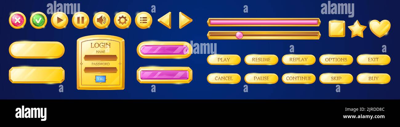 Satz goldener Tasten für das Design der Benutzeroberfläche. Vektor-Illustration von gelb glänzenden Login-Rahmen, Fortschritt, Optionen, Sound-Regulierung, Einstellungen ui-Elemente und leere Balken mit rosa Germstone dekoriert Stock Vektor