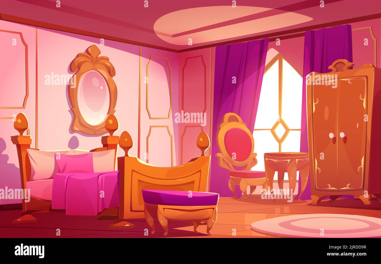 Luxuriöse Prinzessin Schlafzimmer im viktorianischen Stil. Königliches Haus oder Palastzimmer mit Bett, Spiegel in goldenem Rahmen, Stuhl, Tisch und Kleiderschrank am Morgen, Vektor-Cartoon-Illustration Stock Vektor