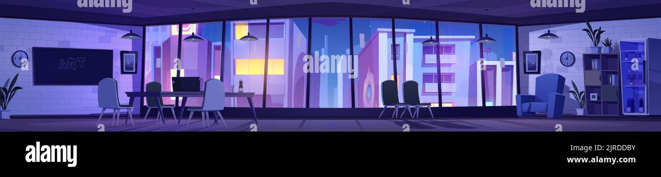 Nachtbüro, Coworking-Bereich, Art-Studio-Arbeitsplatz mit Laptop am Schreibtisch, Stühlen, Brett, großen Fenstern. Komfortabler Ort, Sitzungssaal für die Zusammenarbeit von Geschäftsleuten, Cartoon-Vektor-Illustration Stock Vektor