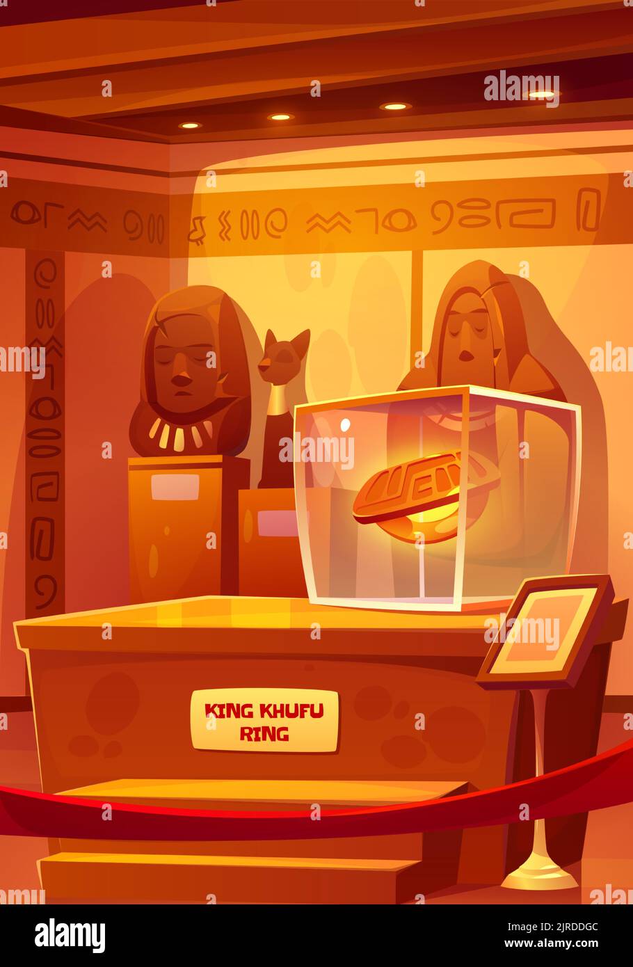 Ägyptisches Museum mit König Khufu Ring in Vitrine, pharao und gott Statuen. Vektor-Cartoon-Illustration des Museums Innenraum mit alten historischen Exponate der ägyptischen Kultur Stock Vektor
