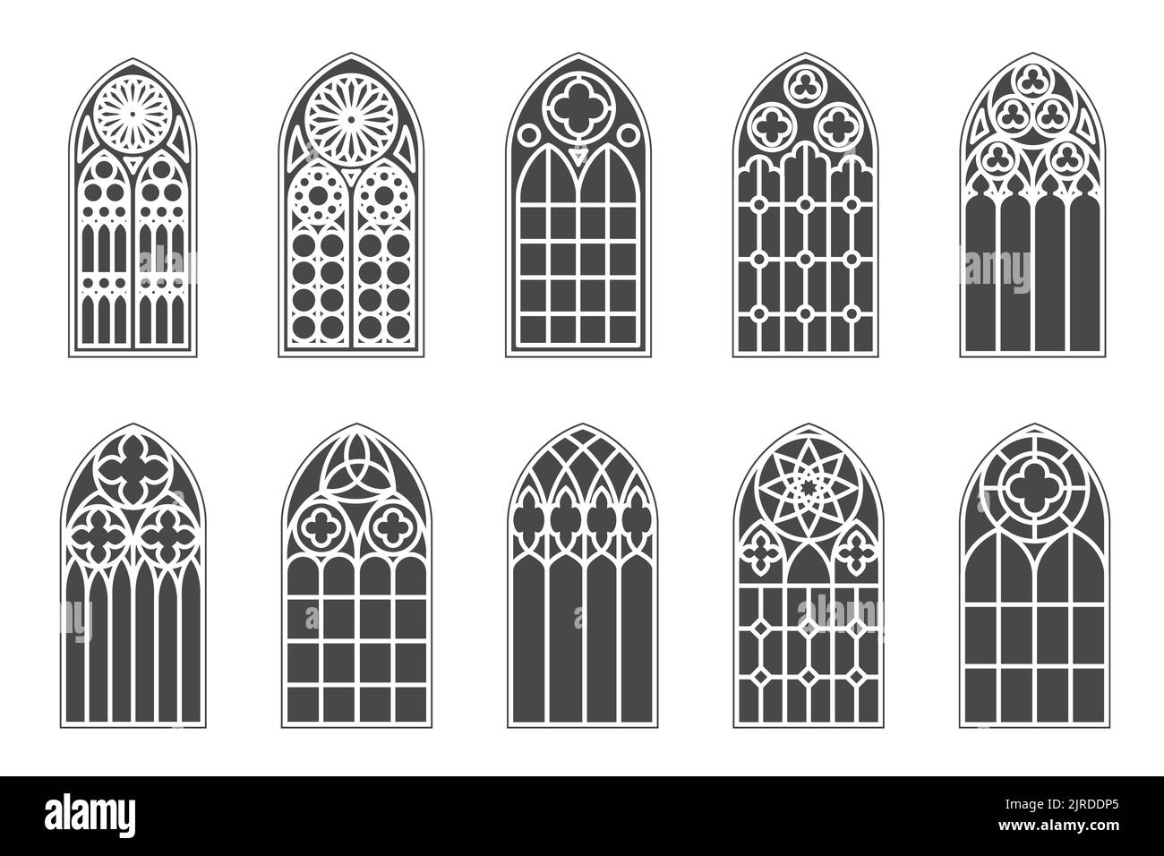 Kirche mittelalterliche Fenster gesetzt. Alte gotische Architekturelemente. Vektorgrafik Glyphe auf weißem Hintergrund. Stock Vektor