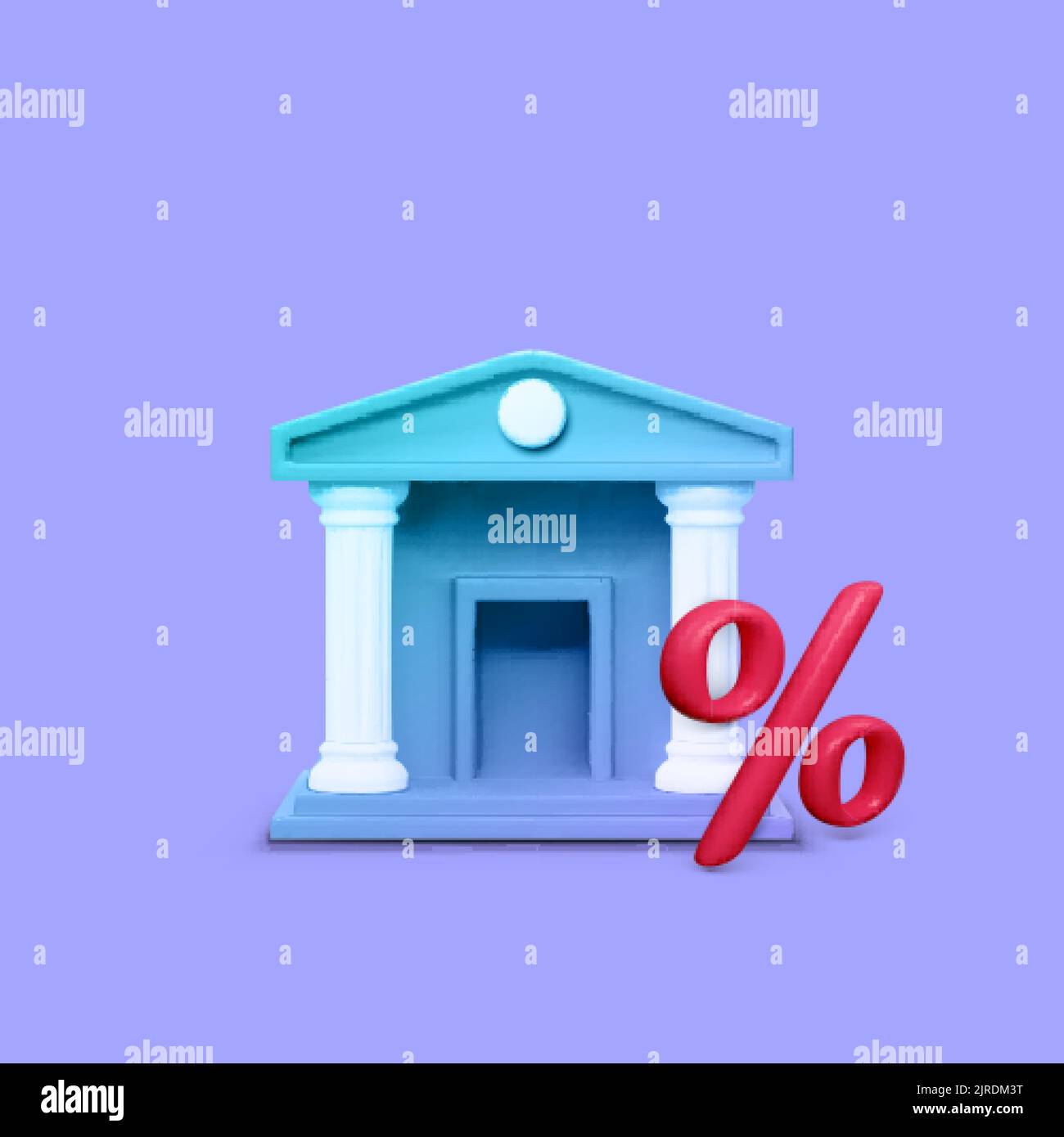 3D Bankgebäude in violetter Farbe und rotem Prozentsymbol. Zinssatz für Bankeinzahlungen. Vektorgrafik Stock Vektor