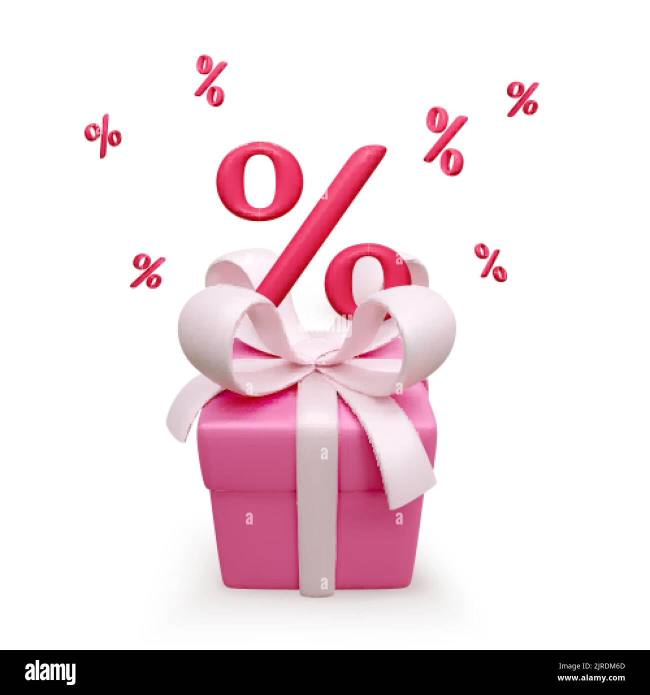 3D rosa Geschenkbox mit Schleife und Prozentsymbol darauf. Sinkende Prozentzeichen. Vorlage für Rabattkarten auf Weiß isoliert. Vektorgrafik Stock Vektor