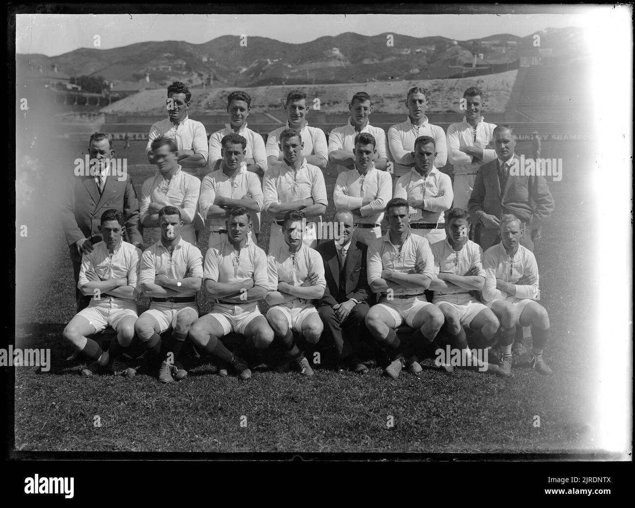 All Black (Neuseeland) tourt durch Südafrika, 1928, Neuseeland, von Crystal Photographic House. Stockfoto
