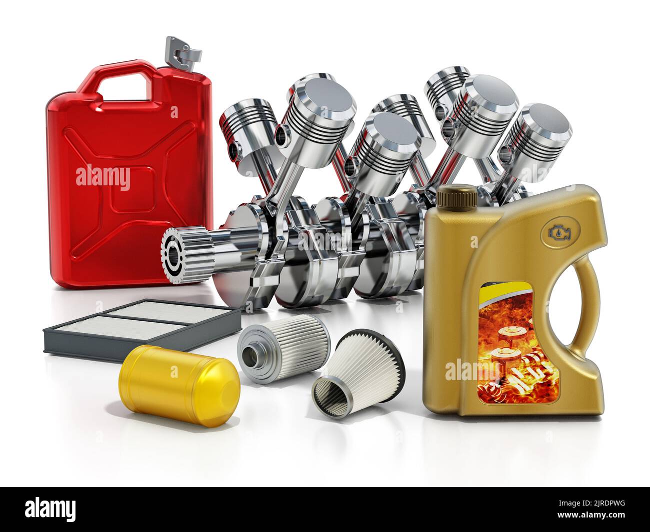 V6 Motor, Gasbehälter, Ölflasche und Ersatzfilter. 3D Abbildung. Stockfoto