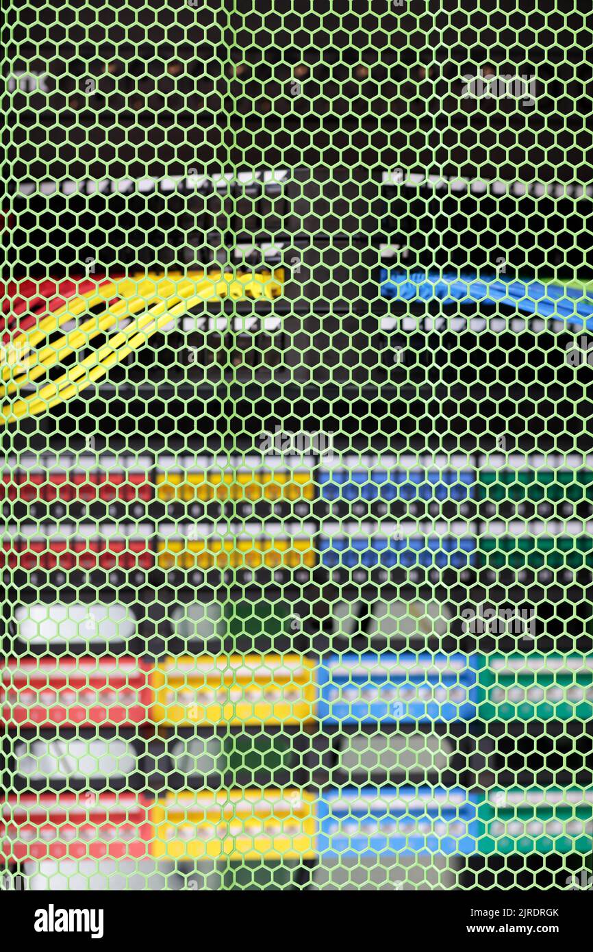 Netzwerk- und Server-Racks im Datacenter-Schrank durch grüne Wabenschutztür. Selektiver Fokus. Stockfoto