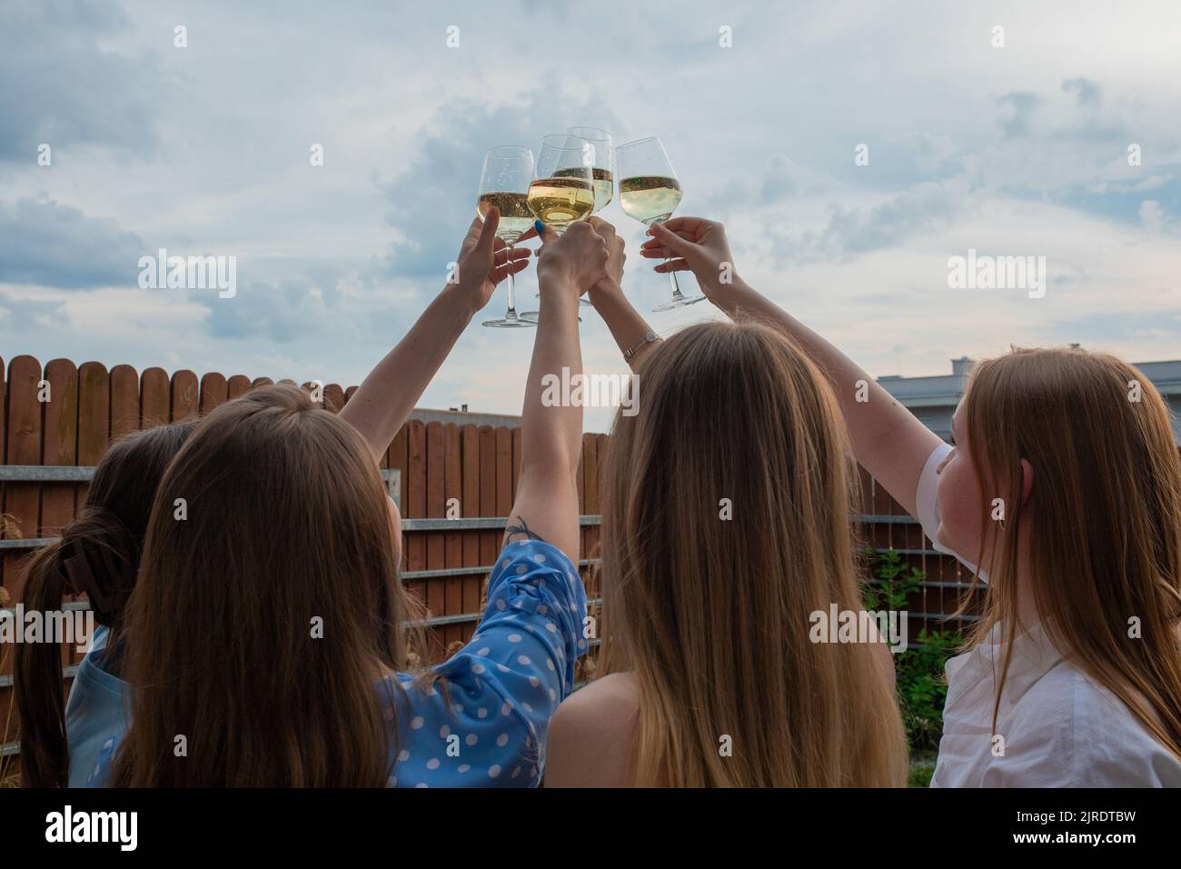 Rückansicht einer Gruppe junger Frauen mit langen, klirrenden Gläsern mit Weißwein-Champagner auf bewölktem Himmel. Stockfoto