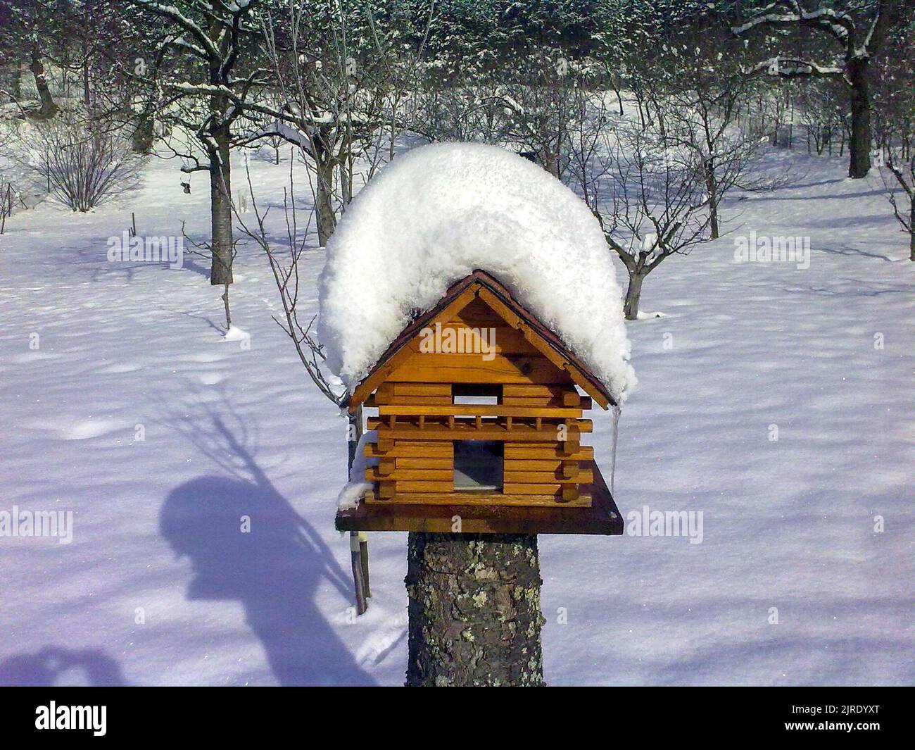Eine Nahaufnahme eines hölzernen Vogelhauses auf einem mit Schnee bedeckten Pfosten Stockfoto