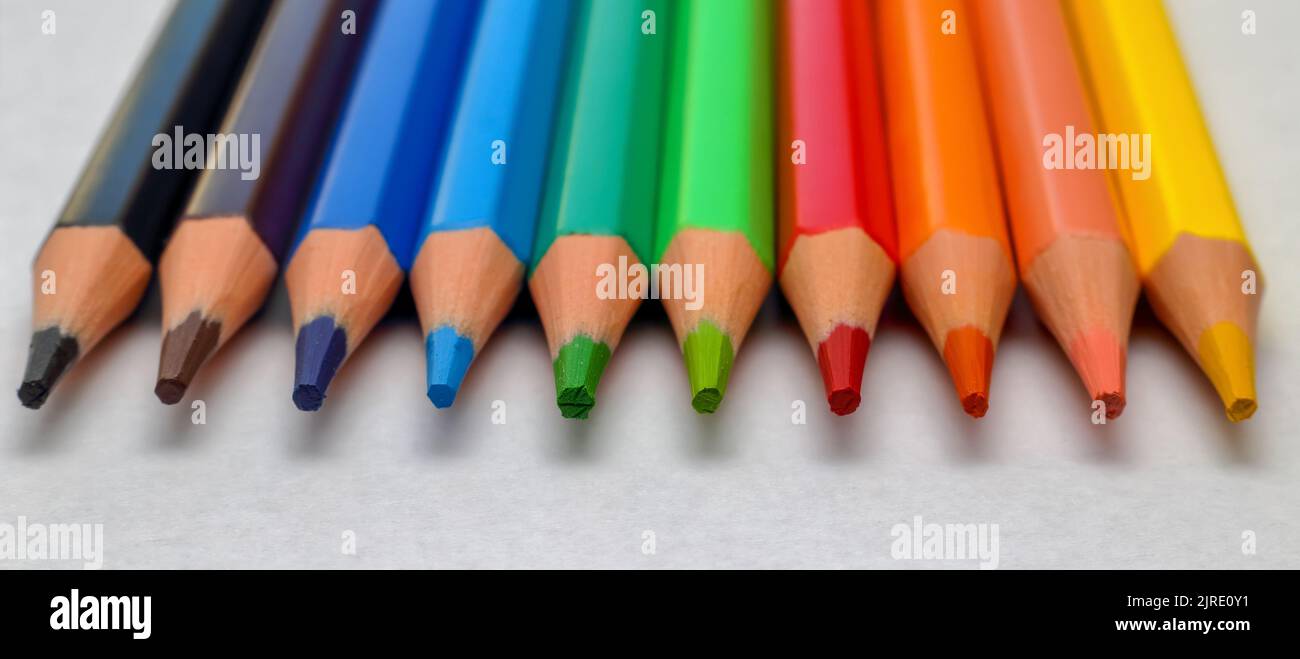 Viele Farbstifte isoliert auf weißem Hintergrund Stockfoto