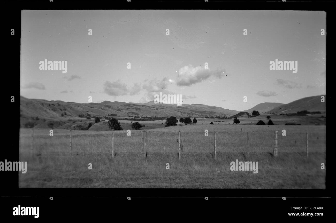 Looking up Ruakopatuna Valley showing scarp of Blue Creek Fault (rechts), 03. April 1949, von Leslie Adkin. Stockfoto