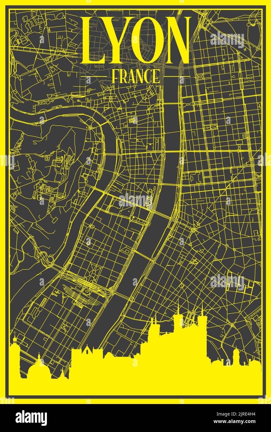 Handgezeichnetes Panorama-Skyline-Poster mit dem Straßennetz der Innenstadt VON LYON, FRANKREICH Stock Vektor