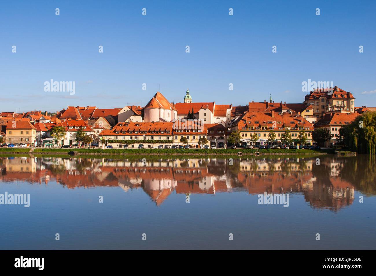 Bezirk Lent in Maribor, Slowenien. Beliebte Uferpromenade mit historischen Gebäuden und der ältesten Weinrebe Europas. Stockfoto