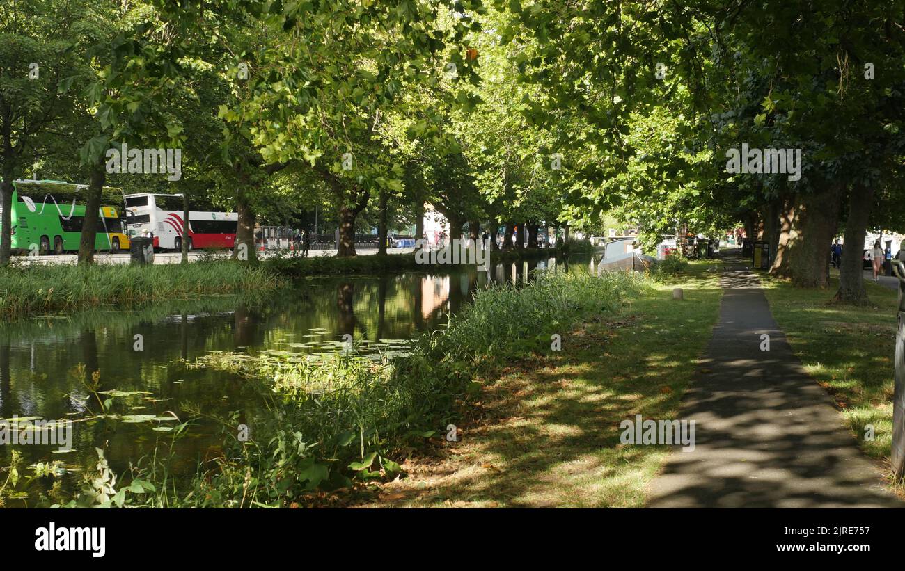 Dublin Stadt entlang des Royal Canal während des Sommers.Dappled Licht von den Bäumen und Kränen im Hintergrund Gebäude Gebäude. Stockfoto